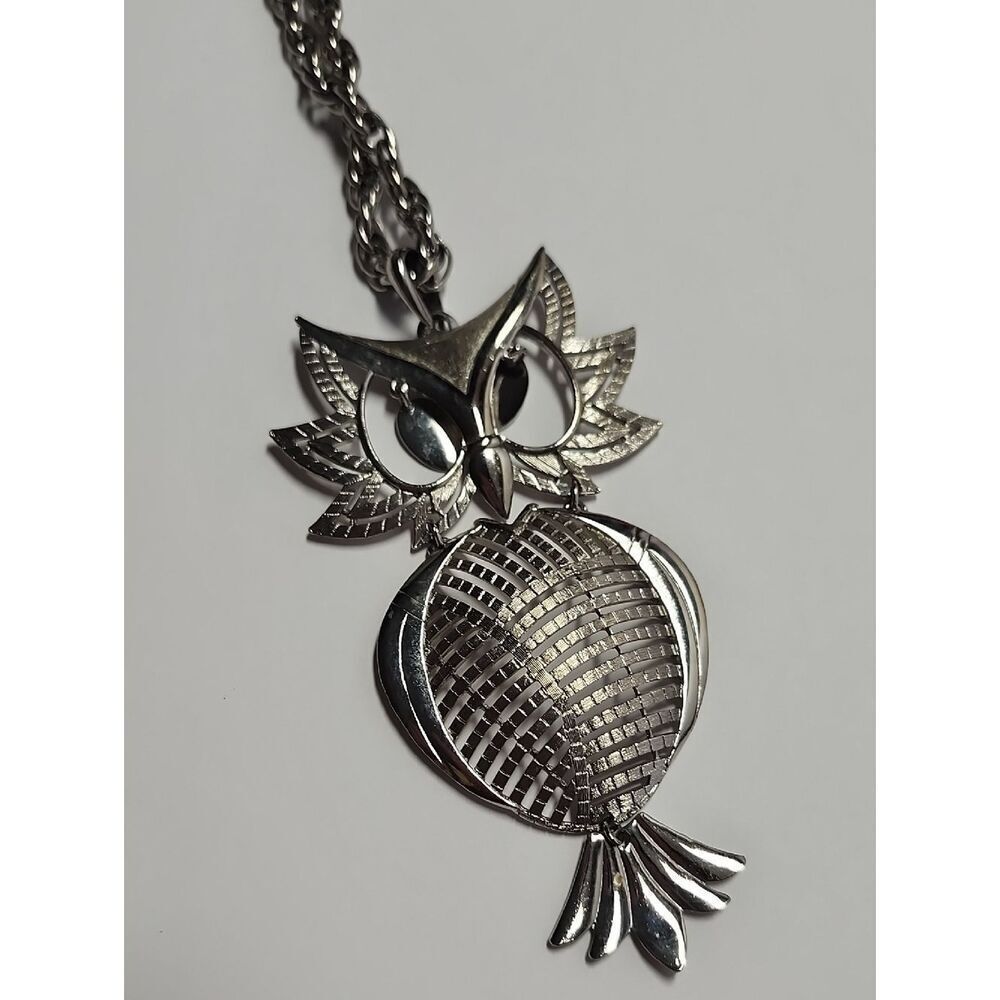 articulated Owl Necklace 20" chain 1970' Alan Silver tone
